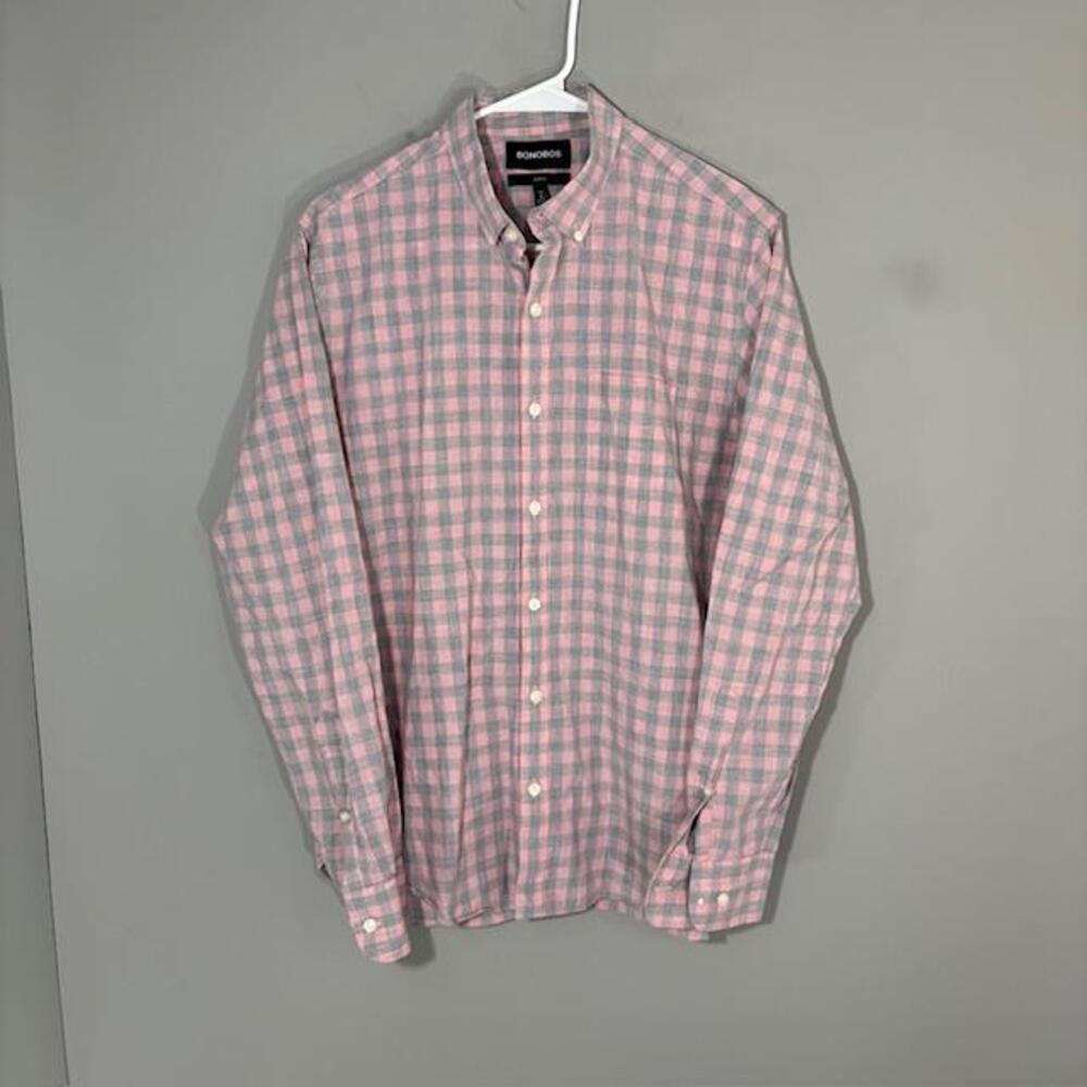 Bonobos Shirt Mens Medium Pink Gray Check Long Sleeve Button Up Slim Fit Cotton